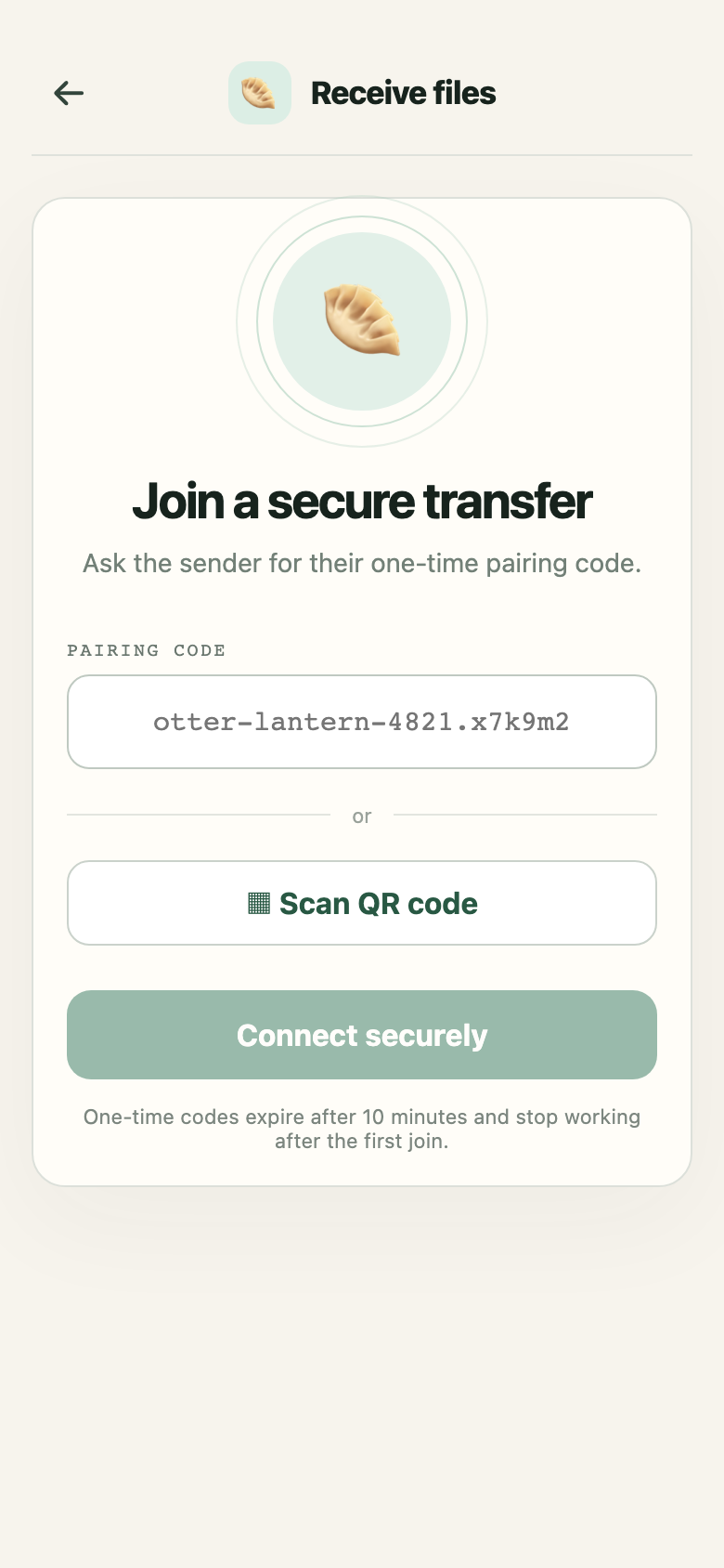 Enter a one-time code or scan a QR โ codes expire and die after first use.